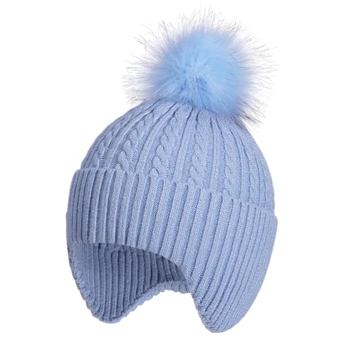 Kids Knit Winter Hats Skiing Beanie Caps with Earflap for Girls Boys Age 3-14 - color: Blue, size: 3-8 Years