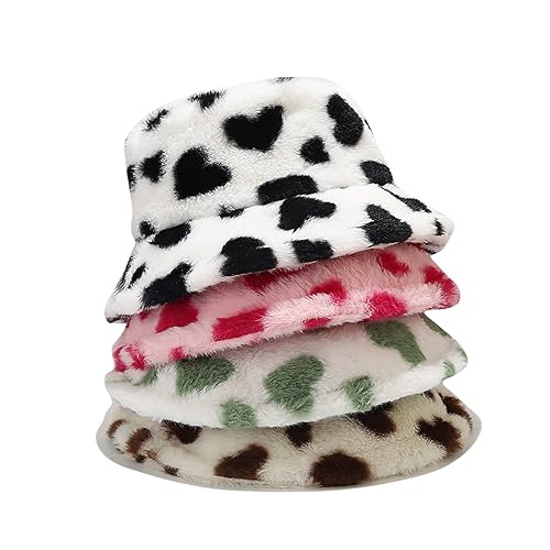 Winter Faux Fur Furry Bucket Hat Fluffy Fuzzy Warm Hat Plush Fisherman Hat for Women Men Teens Girls - color: Pink Heart