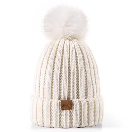 Womens Winter Beanie Hat Fleece Lined Warm Skull Cap with Faux Fur Pom Cuff Knitted Hat for Women - color: White