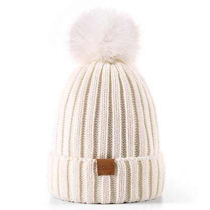 Womens Winter Beanie Hat Fleece Lined Warm Skull Cap with Faux Fur Pom Cuff Knitted Hat for Women - color: White