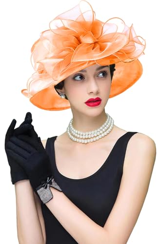 Organza Fascinator Hat - Women’s Wide Brim Church Bridal Tea Party Wedding Hat - color: 01a-fragrant Orange