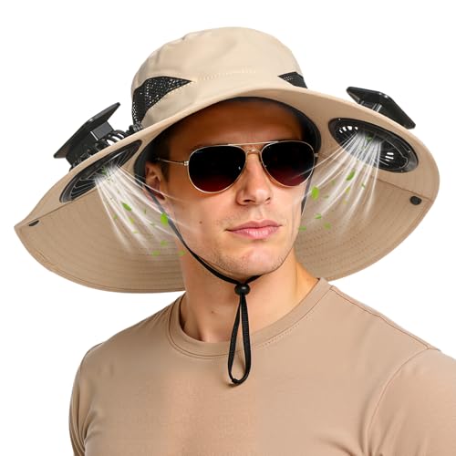 Hat with Fans Solar Power, UPF 50+ Wide Brim Sun Hat, Fishing Essentials for Hiking Beach Summer Safari - color: Khaki