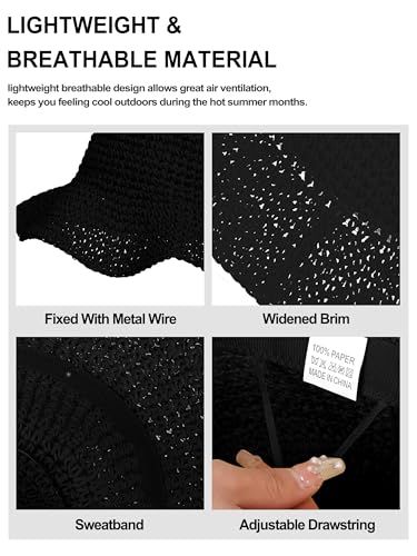 sy soul young Women's Straw Sunhat Wide Brim Hand Woven Beach Bucket Hat - color: Black