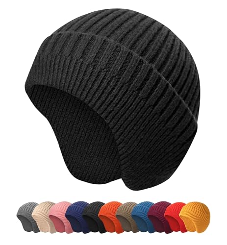 HiRui Knitted Beanie Hats Winter Hats Ear Covers for Men Women Kids Warm Slouchy - color: Black