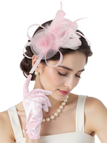 2Pcs 50s Fascinators Hats for Women Wedding Cocktail Flower Mesh Ribbons Feathers Church Tea Party Hats and Lace Glove - color: Pink