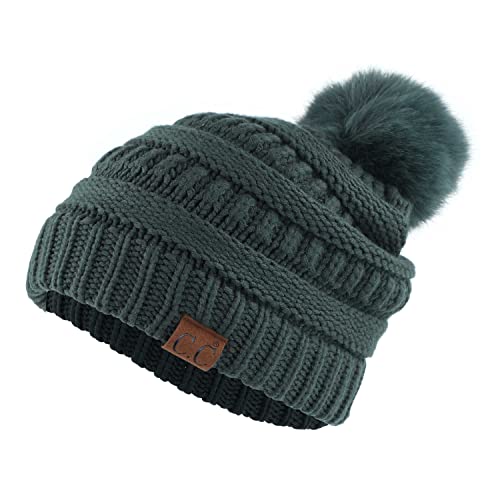 C.C Fur Pom Winter Fall Trendy Chunky Stretchy Cable Knit Beanie Hat - color: Snuggly Soft Teal Green