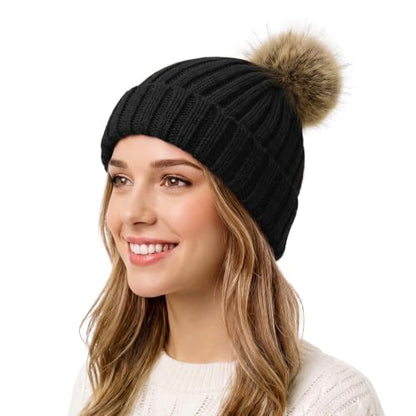 Satin Lined Beanie for Women with Detachable Pom Pom, Winter Cuffed Hat - color: 01 Black