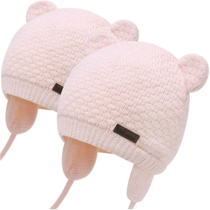 Duoyeree Baby Winter Hat, Bear Knit Earflaps Cotton Lined for Toddler Kids - color: Bear Pink and Pink, size: 0-6 Months