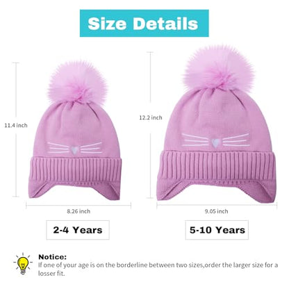 Girls Beanie Knit Hat with Ear Flaps Rainbow Cat Hats Toddler Kids Winter Outdoor Skull Snow Ski Cap Age 2-10 - color: Purple, size: 2-4T