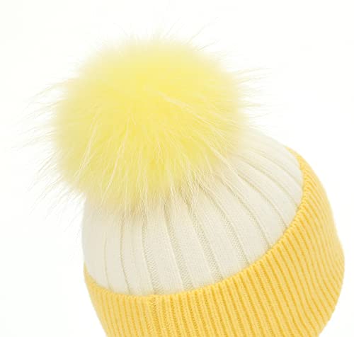 Women's Winter Ribbed Cuffed Beanie Skull Cap with Genuine Raccoon Fur Pom - color: White Yellow