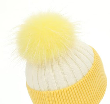 Women's Winter Ribbed Cuffed Beanie Skull Cap with Genuine Raccoon Fur Pom - color: White Yellow