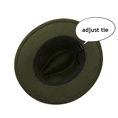 Lady Wide Brim Felt Fedora Panama Hat with Ring Belt - color: Military Green, size: Medium