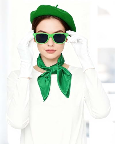 French Beret Hat Set,4 Pcs Solid Wool Beanie Hat with Chiffon Scarf Gloves Retro Sunglasses for Fancy Dress Costume - color: Saint Patrick's Theme