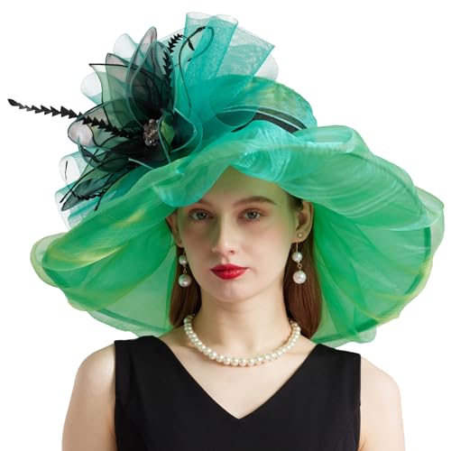 Women Organza Church Derby Hat Wide Brim Sun Caps for Wedding Tea Party Hat with Detachable hat Flower as Headgear - color: 10-green