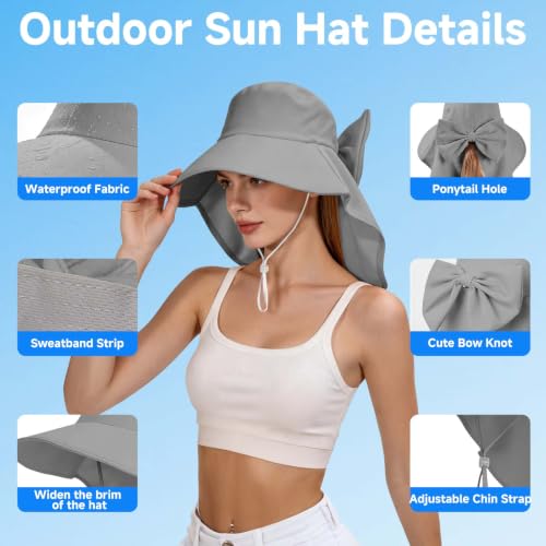 Womens Ponytail Hole Sun Hat with Neck Flap Outdoor UPF 50+ - color: Grey