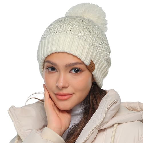 C.C Sequin Pom Beanie for Women - Acrylic Stretchable Soft Warm Knit Winter Skully Hat with Yarn Pom - color: Sequin-ivory / Silver