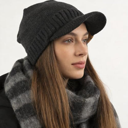 Winter Beanie with Visor - Stylish Knit Hat with Bill - Thick Brimmed Beanies with Fleece Lining Men and Women - color: B327-grey