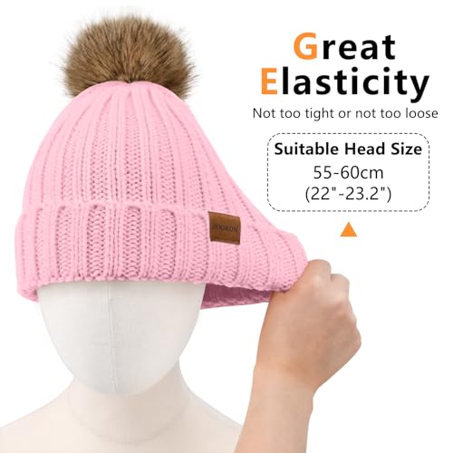 ZOORON Womens Winter Knitted Beanie Hat with Faux Fur Pom Beanie Warm Knit Skull Cap Beanie for Women - color: 1pink