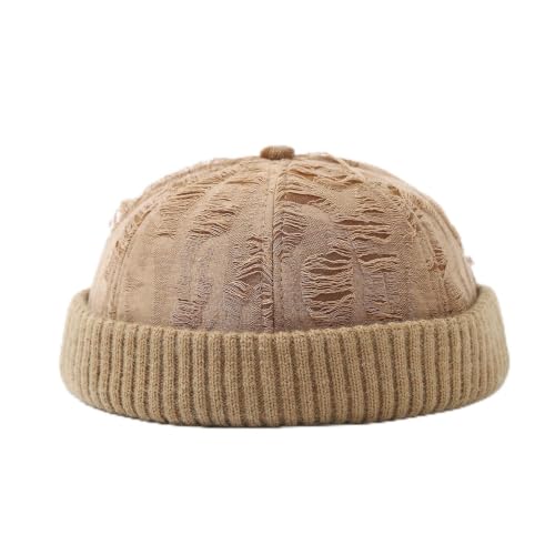 Distressed Brimless Docker Beanie Skull Cap Unisex Streetwear - color: Khaki