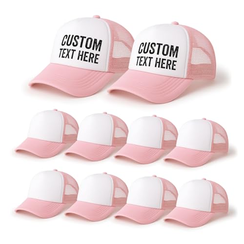10 Pack Blank Trucker Hats Bulk, Plain Baseball Hats for DIY Heat Transfer Vinyl HTV Embroidery Team Events - color: Pink White
