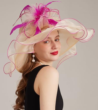 Women Derby Church Hat Organza Flower Wedding Tea Party Fascinator Wide Brim Sun Hat - color: 16-beige