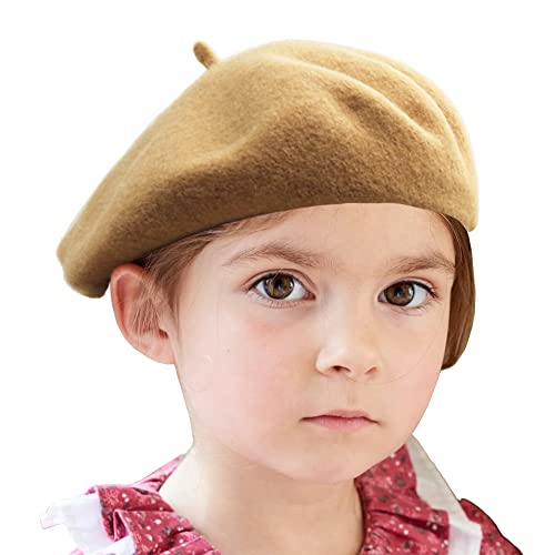 Wheebo Berets for Kids Wool French Beret Hats Artist Painter Hats for Little Girls Boys Solid Color Style - color: Camel