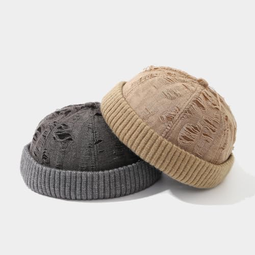 Distressed Brimless Docker Beanie Skull Cap Unisex Streetwear - color: Khaki