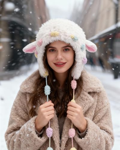 MINGSEECESS Women Girls Knitted Beanie Hat Crochet Braided Knit Warmer Cap Skiing Snowboarding Ear Flap Hats - color: Novelty-white