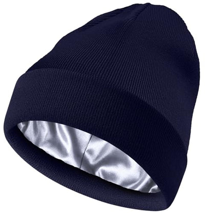 ROYBENS Satin Lined Beanie Hat for Women Men, Wool Knit Cuffed Winter Hats - color: 1pcs Navy Blue
