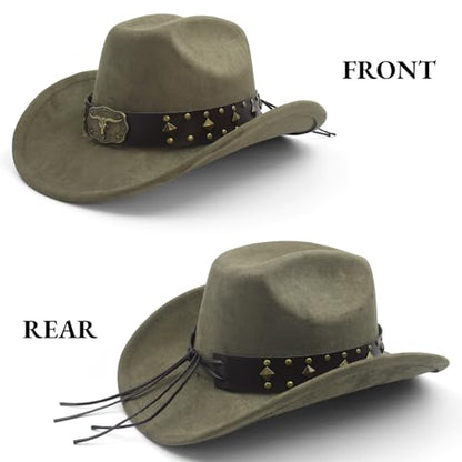 LIDHAY Cowboy Hat for Women Men with Shapeable Wide Brim Western Suede Hat for Cowboys and Cowgirls - color: Army Green
