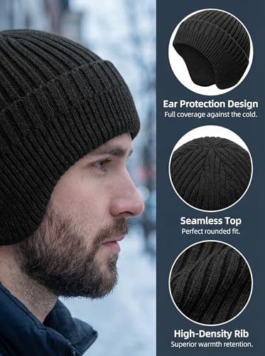 Winter Beanie for Men Women with Earflap, Fleece Lined Beanie Soft Warm Knit Hat Ski Stocking Cuffed Cap - color: Black