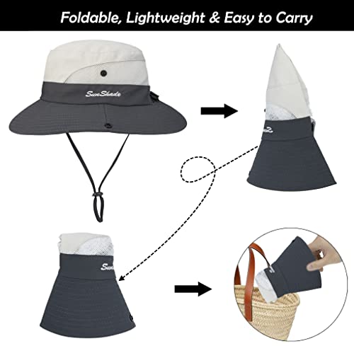 Women's Outdoor-UV-Protection-Foldable-Sun-Hats-Wide-Brim Hat Ponytail-Hole - color: Beige/Grey