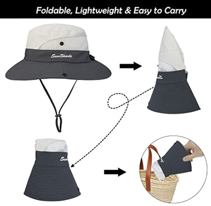 Women's Outdoor-UV-Protection-Foldable-Sun-Hats-Wide-Brim Hat Ponytail-Hole - color: Beige/Grey