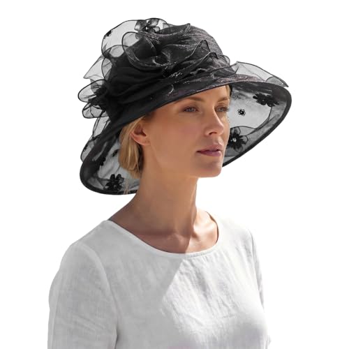 Women's Organza Sun Hat Vintage Floral Derby Church Hat Wide Brim Bucket Fascinators for Tea Party Wedding Cocktail - color: Black