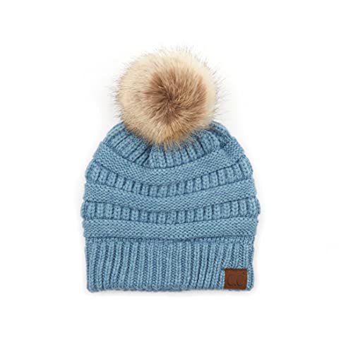 C.C Fur Pom Winter Fall Trendy Chunky Stretchy Cable Knit Beanie Hat - color: Snuggly Soft Steel Blue Mix