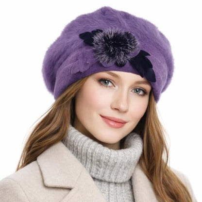 VECRY Lady French Beret 100% Wool Beret Floral Dress Beanie Winter Hat - color: Angola-purple