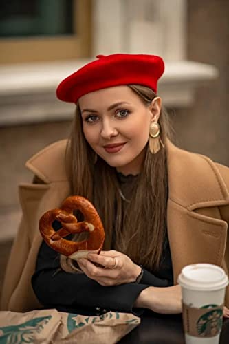 Women French Wool Beret Hats - Solid Color Classic Beanie Winter Cap - color: Thicker-red