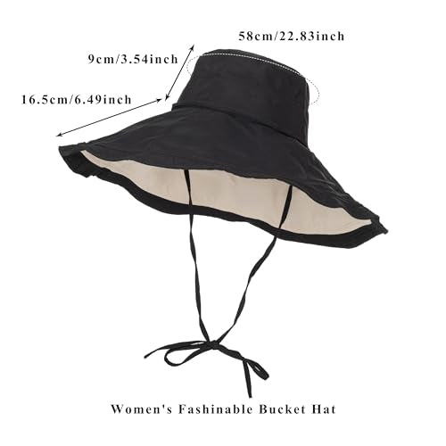 Women's Large Brim Reversible Sun Hats Packable Foldable UV Protection Bucket Hat Metal Wired Edge