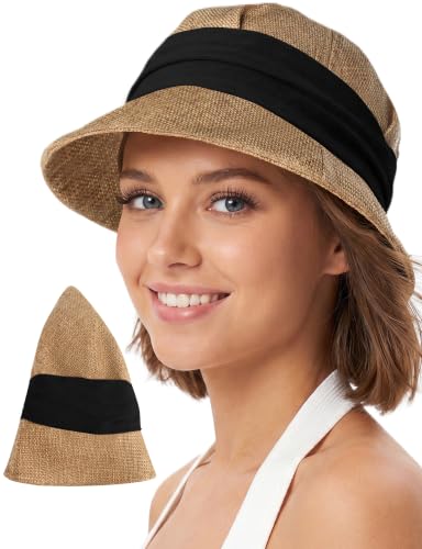 Babalet Women Summer Bucket Sun Hat Lightweight Beach Faux Linen Blend Bucket Hat Adjustable Foldable UV Protection Beach Cap - color: Marled Khaki / Black Band