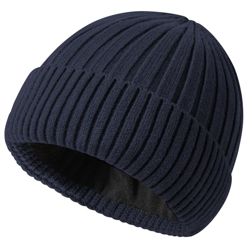 Winter Hat for Men Women Fleece Lined Beanie Soft Warm Skull Cap - color: 1-navy Blue