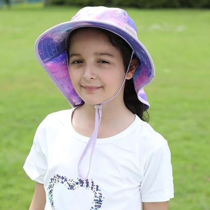 icolor Kids Sun Hat UPF50+ Sun Protection Bucket Hat Toddler Summer Beach Play Hats with Neck Flap for Girl Boy Ages 3~10 - color: Pinkgalaxy