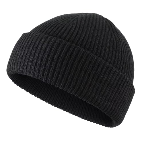 Connectyle Short Fisherman Beanie for Men Women Warm Winter Hats Knit Cuffed Beanies Skull Cap Acrylic Watch Hat - color: Black
