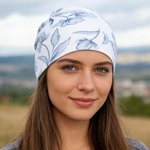 Unisex Stretch Knit Beanie Hat - color: Light Blue Flowers