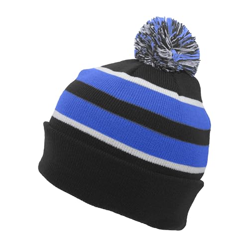 Pacific Headwear Unisex Adult Pacific Headwear Knit Fold Over Pom-pom Beanie - color: Black/Royal/White, size: One Size