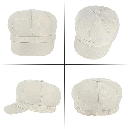 Women Cotton Blend Newsboy Cap Cabbie Paperboy Painter Visor Hat - color: Beige White B