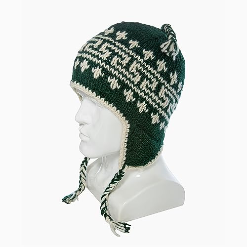 Hand Knit Sherpa Wool Hat with Micro Fleece Lining and Ear Flaps, Handmade Winter Toque, Christmas Beanie, Made in Nepal - color: Dark Green and White