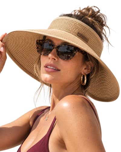 FURTALK Womens Sun Hat with Ponytail Hole Wide Brim Beach Straw Visor - color: Khaki