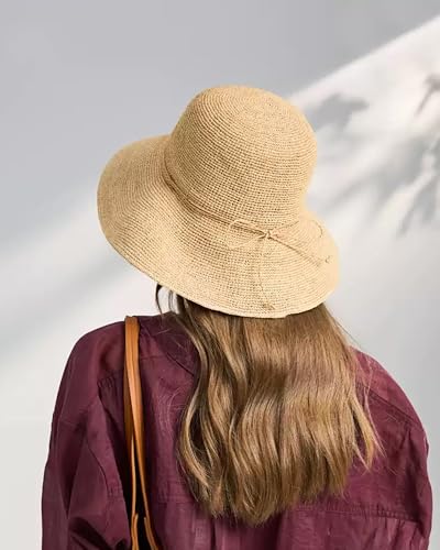 Women's Raffia Straw Bucket Hat Foldable Summer Sun Hat Handmade Woven Beach Hat Portable Travel Natural Straw Cap - color: Brim 3.9"