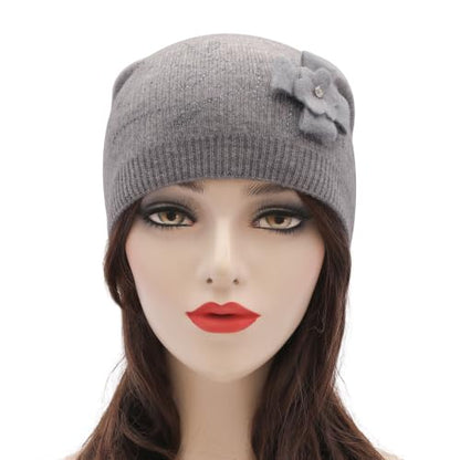 ZLYC Women Floral Slouchy Beanie Hat Double Layer Winter Knit Skull Cap - color: Floral Gray