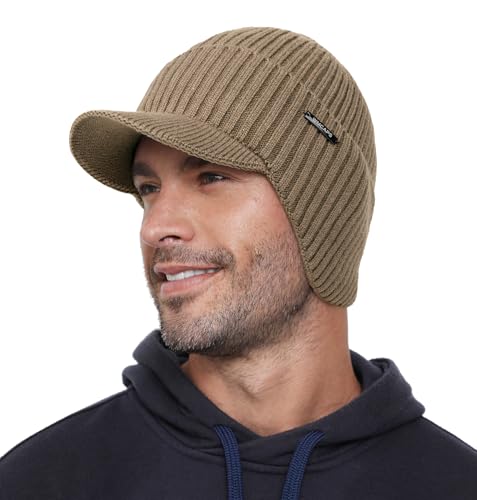 Wmcaps Winter Beanie with Brim & Ear Flaps, Fleece Lined Hat for Men Women - color: Brown